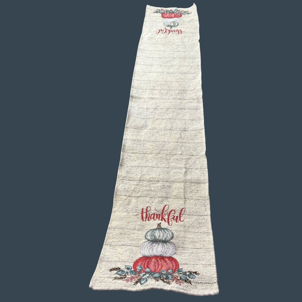 Thankful Fall Harvest Table Runner 69x13 Pumpkins Woven Tapestry Farmhouse Cozy